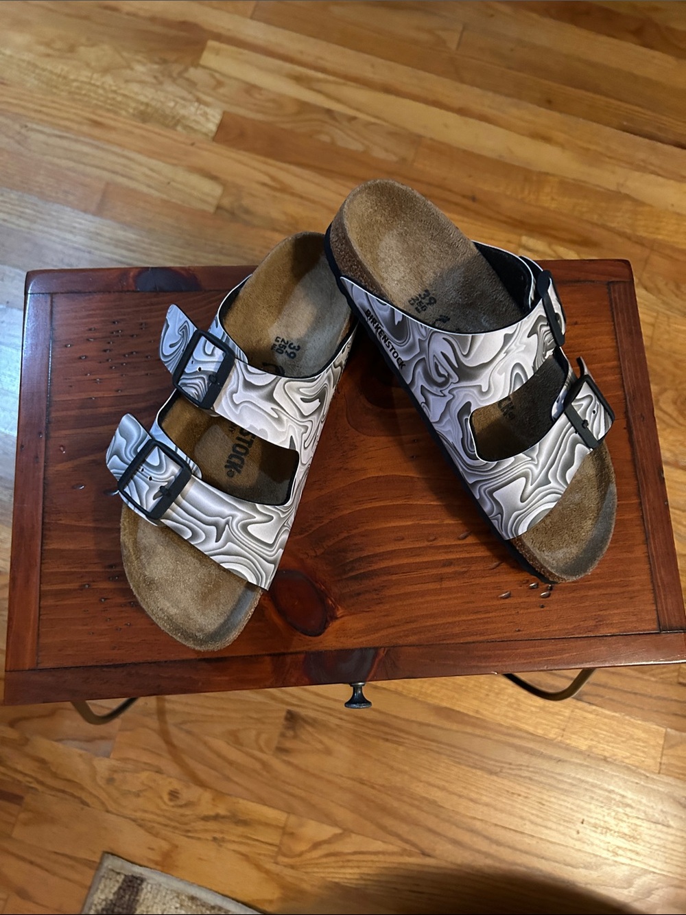 Birkenstock Two-Strap Sandals in White and Gray Marble Print- Like new with box